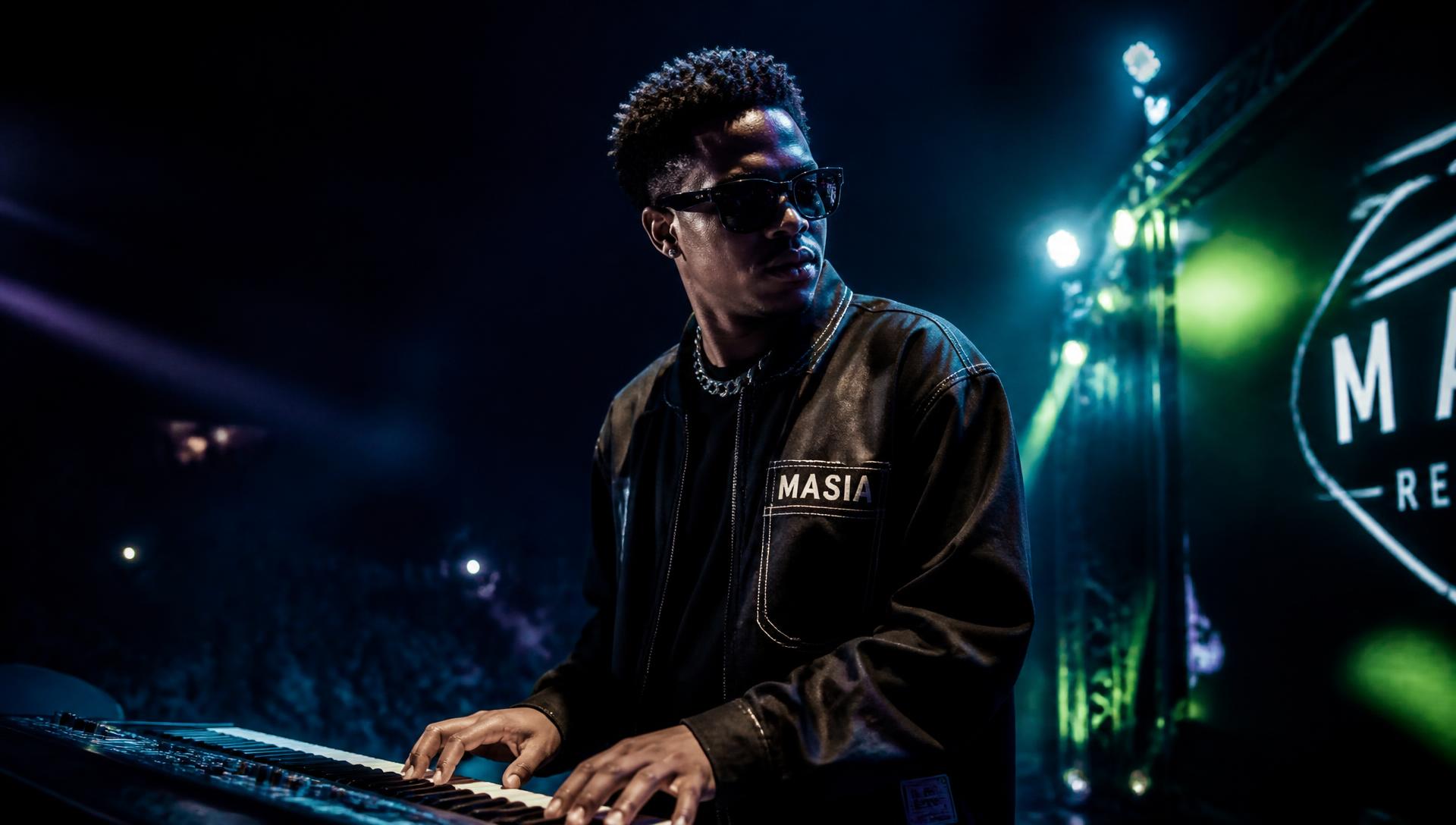 Artist performing on keys under stage lighting at an Afro Piano Fusion show